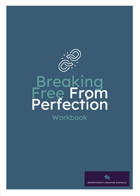 Workbook cover titled 'Breaking Free From Perfection' with a blue background and branding at the bottom.