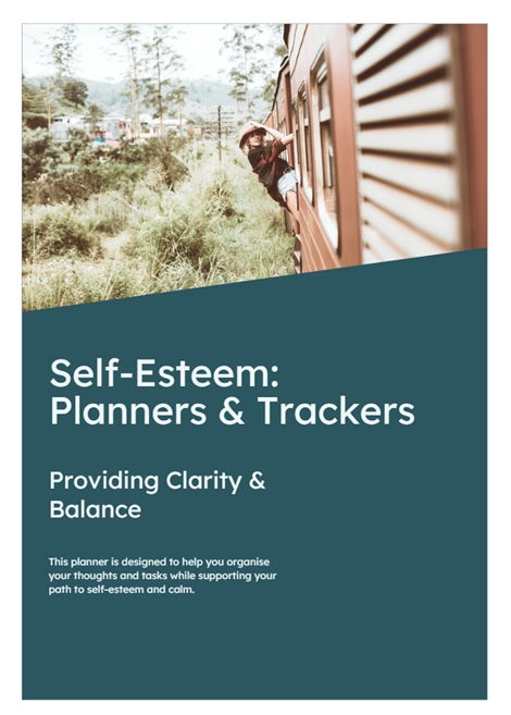 Cover of a planner titled 'Self-Esteem: Planners & Trackers' with a person leaning out of a window.
