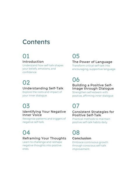 Table of contents for Silencing Your Inner Critic workbook