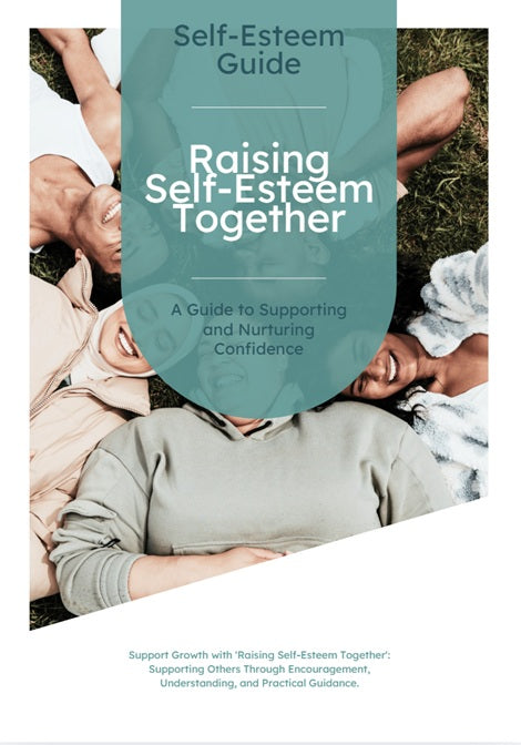 Cover page for 'Raising Self-Esteem Together' workbook with a picture of a group of people lying on grass in a circle.