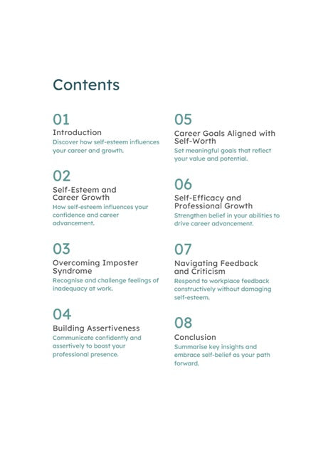 Outline of a document or eBook with sections on self-esteem, career growth, and professional development.